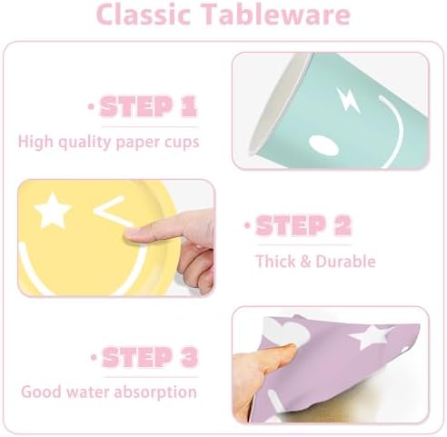 199PCS Smiley Face Birthday Decorations Smile Pastel Themed Preppy Theme Plates and Napkins Set,Balloon, Banner,Tablecloth, Hanging,Cupcake Topper,Smiley Pastel Birthday Party Supplies Serve 24 Guests - Image 5