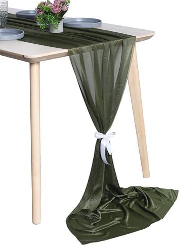Pack of 12 Chiffon Table Runners 29 x 120 Inch, 10FT Long - Olive Green by MDS
