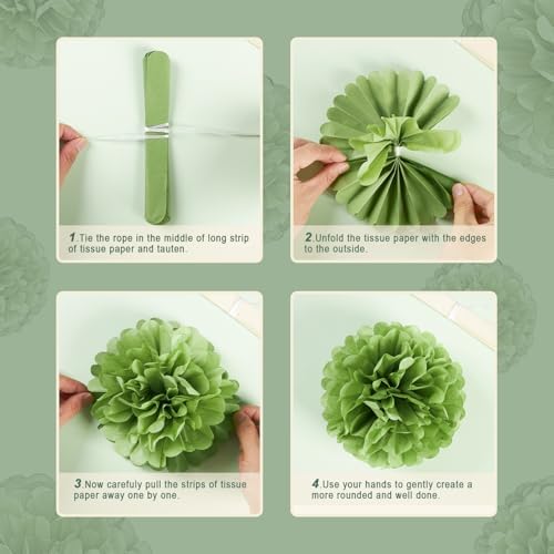 Sage Green Tissue Paper Pom Pom Flowers Decorations 15 PCS Olive Green Paper Flowers for Wall Hanging Backdrop Neutral Baby Shower Wedding Party Supplies Birthday Bridal Decor Table Centerpieces - Image 4