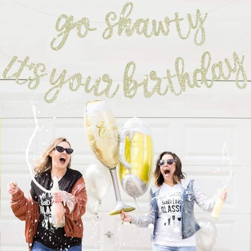 BEISHIDA Light Gold Go Shawty It's Your Birthday Banner - NO DIY - Hip Hop Theme Glitter Happy Birthday Banner - Pre-Strung - Black Rap Theme Happy Birthday Sign for Man Women birthday Party Supply - Image 5