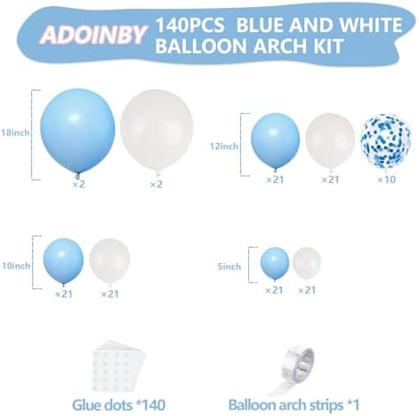 Blue and White Balloon Arch Kit, ADOINBY 140Pcs Pastel Light Blue and White Balloon Garland kit, 18 12 10 5 Inch Different Size Balloons for Baby Shower Birthday Gender Reveal Anniversary Decorations - Image 2