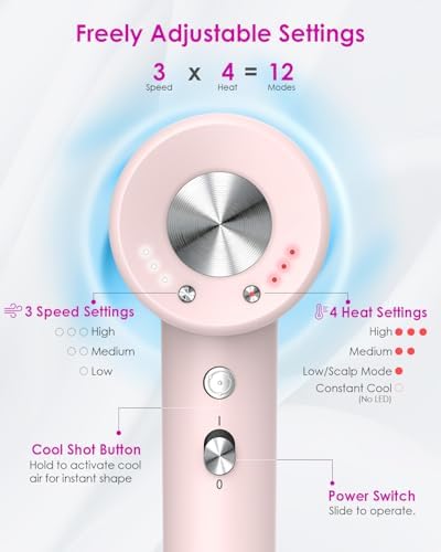 High Speed Ionic Professional Hair Blow Dryer,160000 RPM Powerful Fast Drying Travel Hairdryer Blowdryer with Magnetic Diffuser, Concentrator Nozzle & Wall Mount Bracket, 3 Speeds & 4 Temps, Pink - Image 4