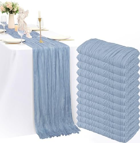 12 Pack Dusty Blue Cheesecloth Table Runner, 35x120 Inch Spring Boho Gauze Table Runner 10Ft Long Rustic Sheer Blue Cheese Cloth Table Decor for Wedding Party Baby Shower Christmas by PWDAN