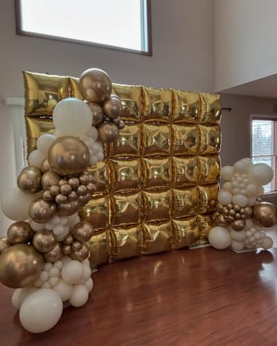 50pcs Metallic Gold Square Foil Balloons Wall Backdrop with 79pcs Metallic Gold Balloon Garland Arch Kit, Double Sided Balloon Tunnel for Anniversary Graduation Birthday New Year Decorations - Image 4