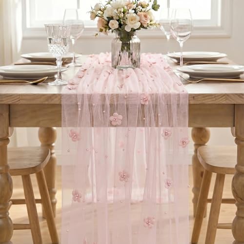 Artoid Mode Pink Flower Pearl Pink Gauze Table Runner 10FT, Seasonal Sheer Dining Holiday Wedding Birthday Baby Shower Table Decor for Home Party - Image 2