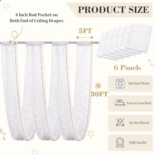6 Panels White Ceiling Curtains with Lights for Weddings - 5ftx30ft Wrinkle-Free Tulle Fabric Wedding Arch Draping Ceiling Drapes Decorations for Wedding Party Ceremony Stage Tent Event - Image 2