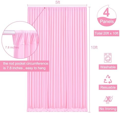4 Panels Pink Backdrop Curtain for Parties Baby Shower Wrinkle Free Pink Photo Curtains Backdrop Drapes Fabric Decoration for Wedding Birthday Party 20ft(W) x 10ft(H) - Image 5