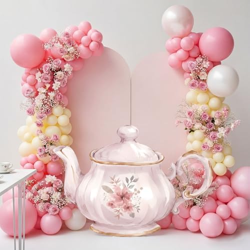Colingmill Tea Party Decorations Teapot Cardboard Cutout 35.4 x 24.6 Inch Pink Floral Tea Party Baby Shower Let's Partea Photography Background for Women Birthday Bridal Decorations by Colingmill