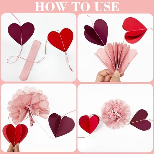 Dusty Rose Pink Party Decoration Tissue Flowers Pom Pom with Burgundy Red 3D Heart Hanging Paper Garland Banner Streamer for Valentines Day Birthday Wedding Shower Bridal Shower Party Supplies - Image 3