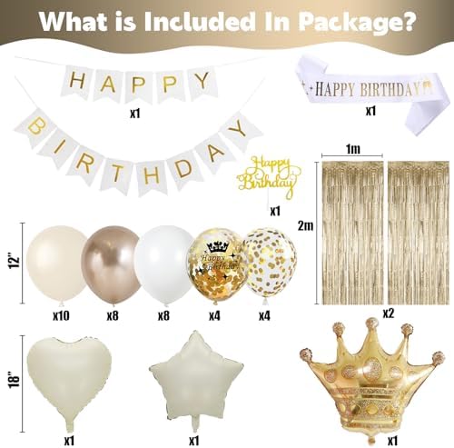 Birthday Decorations for Women, Champagne Gold Birthday Decortion White Beige Neutral Cream Gold Latex Balloons Banner Fringe Curtain for Women Girls Boho Party Supplies - Image 2