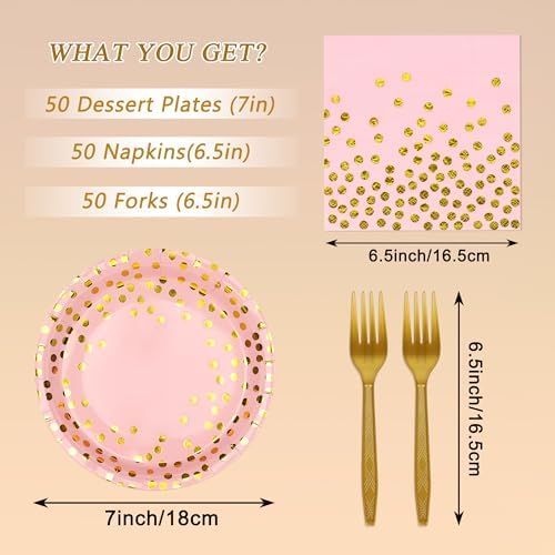 150 PCS Pink and Gold Paper Plates and Napkins Party Supplies,Serves 50 Guests Pink Gold Plates and Napkins,Disposable Paper Tableware Set for Birthday Wedding Bridal Shower Baby Shower Decorations - Image 2