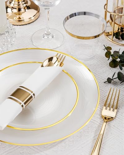 Morejoy 350PCS Pearl White and Gold Plastic Plates - Disposable Gold Plates - Image 2