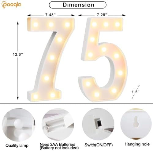 Pooqla 75th Birthday Decorations for Women Men, Large 12.6 in Tall Light Up Numbers for Party Decorations Table Decor, Big Marquee Numbers 75th Birthday Gift for Women Men Wedding Anniversary Decor - Image 4