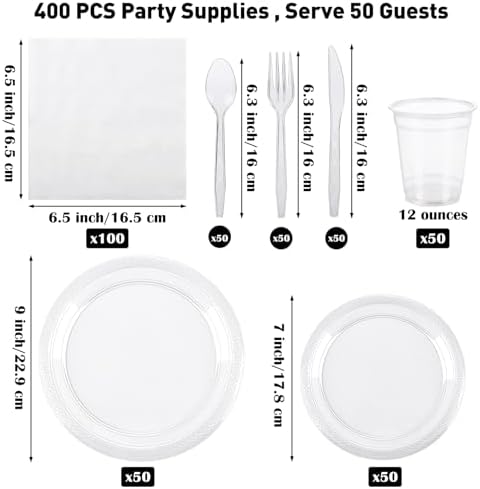 Aodaer 400 Pieces Clear Party Supplies Disposable Dinnerware Set Include Plastic Plates Cups Knives Forks Spoons Paper Napkins for Birthday Wedding Graduation Parties, Serve 50 Guests - Image 2