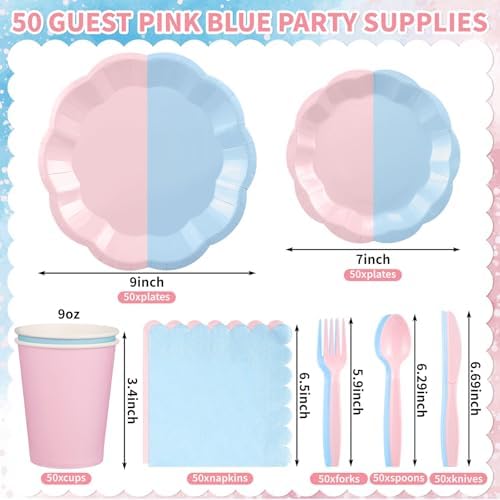 350 Pcs Baby Gender Reveal Party Supplies Include Blue and Pink Tableware - Image 2