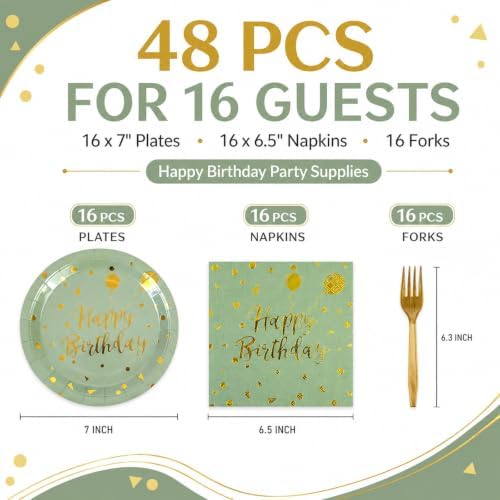 48PCS Happy Birthday Plates and Napkins Party Supplies, Sage Green and Gold Disposable Paper Plates and Napkins with Forks Tableware Set for Birthday Party Decorations 16 Guests (Sage Green) - Image 2