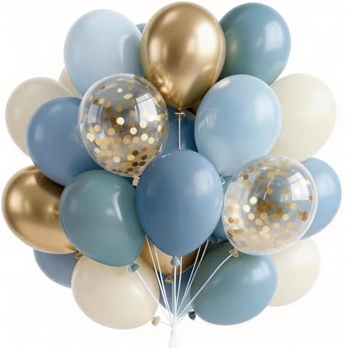 PartyWoo Dusty Blue Balloons 66pcs 12 Inch Slate Blue White Gold Balloons by PartyWoo