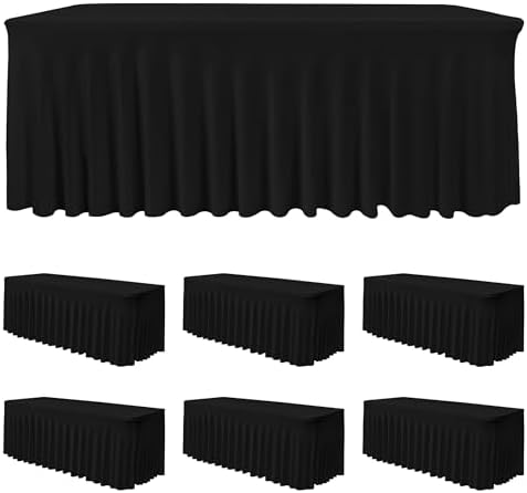 6 Pack Black Spandex Table Covers 6ft Rectangle Ruffle Skirts for Party by HolidayIdeas