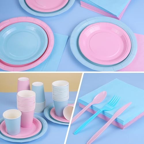 durony 350 Pieces Baby Gender Reveal Party Supplies Light Pink Light Blue Paper Plates Serve 50 Guests Boy or Girl Gender Reveal Plates Napkins Paper Cup Cutlery for 1st Birthday and Baby Shower Decor - Image 3