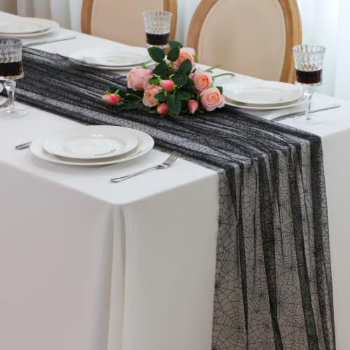 Snowkingdom Halloween Table Runner, 10 FT Black Spider Web Runners Metallic Sequin Sheer Chiffon Gauze Cheesecloth, Black Party Decorations for Halloween Kitchen Dinner Table Birthday Home Indoor - Image 4