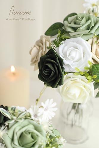 Floroom Artificial Flowers 25pcs Real Looking Emerald Green Ombre Colors Foam Fake Roses with Stems for DIY Wedding Bouquets Bridal Shower Centerpieces Sage Green Floral Arrangements Tables Decoration - Image 4