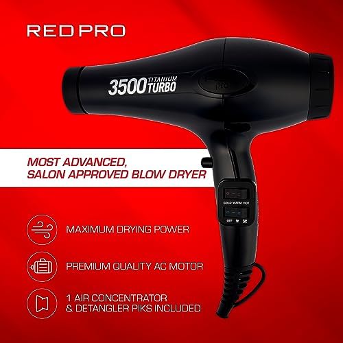 Red Pro Hair Dryer 3500W Turbo Titanium Blow Dryer with Detangler Comb, Fast Dry Smooth Hair, Multi Setting, Cool Shoot Button, Professional Salon Dryer - Image 5