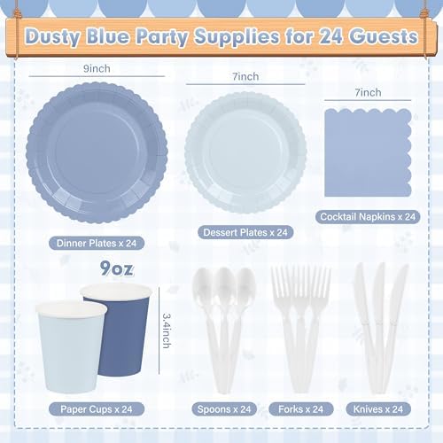 168 Pcs Dusty Blue Paper Plates and Napkins, Serve for 24 Guest - Image 2