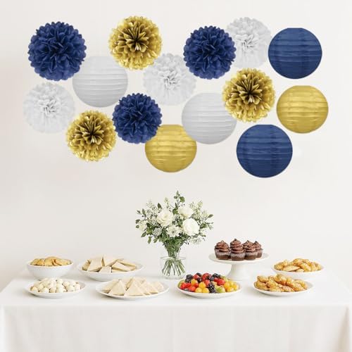 Navy-Blue White Gold Party Decorations - 15Pcs Tissue Pom Poms Paper Flowers Paper Lanterns Graduation Men Boy Birthday Wedding Bridal Baby Shower Father Day Decorations Supplies HongTongTong - Image 4