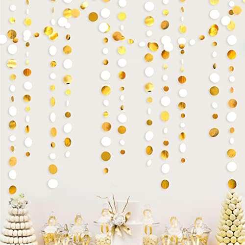 46 Feet White and Gold Circle Dots Garland Hanging Paper Polka Dots Streamer for Birthday Bachelorette Engagement Anniversary Wedding Bridal Shower Christmas Holiday Party Decorations Supplies - Image 4