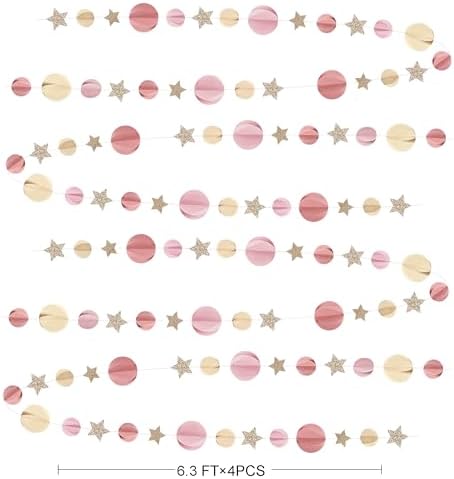 Champagne Gold Dusty Rose Pink Beige 3D Polka Dot Star Hanging Streamer Circle Dot Star Garland Banner for Birthday Bridal Shower Engagement Wedding Hen Party Decorations Supplies - Image 2