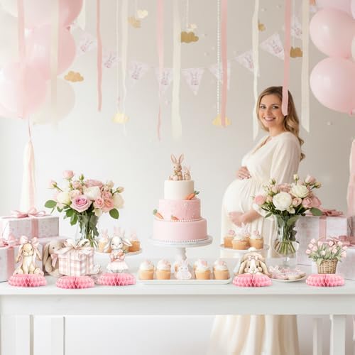 12 Pcs Pink Bunny Baby Shower Decorations for Girl - Some Bunny Is On The Way Baby Shower Centerpieces for Tables - Bunny Baby Shower Honeycomb Table Decor for Girl - Image 5