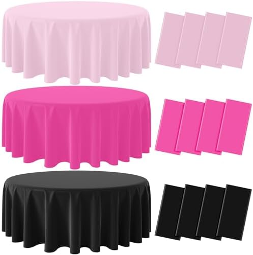 12 Pack Halloween Pink and Black Plastic Tablecloth for Round Tables, Pink Black Disposable Table Cover, Round Table Cloth for Girls Halloween Baby Shower Birthday Party Supplies Decorations by Hauwellter