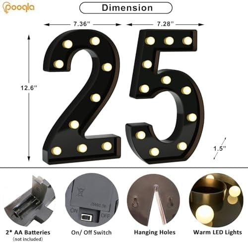Pooqla 25th Birthday Decorations for Men, Large Black Light Up Numbers - Image 4