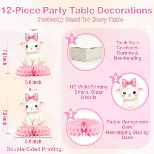 12 Pcs Pink Farm Baby Shower Decorations for Girl - Girl Farm Baby Shower Centerpieces for Tables - Pink Farm Animals Honeycomb Table Decor with Barn Cow Pig for Girl Baby Shower 1st Birthday - Image 2