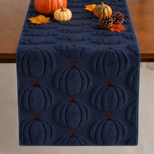 Fall Table Runner 13x120 Inch Soft Plush Faux Fur Jacquard Navy Blue Pumpkin Table Runner, Seasonal Autumn Kitchen Dining Table Decoration for Home Party Decor ZR010D120 by Unknown