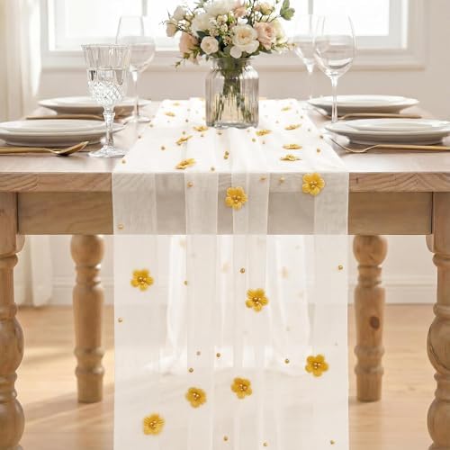 Artoid Mode Yellow Flower Pearl White Gauze Table Runner 10FT, Seasonal Sheer Dining Holiday Wedding Birthday Baby Shower Table Decor for Home Party - Image 2