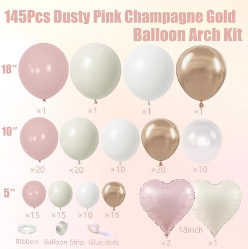 Dusty Pink Balloon Arch Kit,145Pcs Retro Blush Pink Sand White Cream Neutral Metallic Champagne Gold Balloons Different Size for Baby Shower Bridal Anniversary Birthday Party Decoration - Image 4
