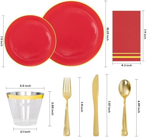 NOCCUR 350PCS Red Plastic Plates - Disposable Red Gold Dinnerware Set for 50 Guests, 100 Dinner/Dessert Plates, 150 Gold Silverware, 50 Cups&50 Napkins for Party/Wedding/Hibachi Party - Image 2