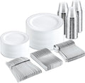 bUCLA 300PCS Silver Disposable Plastic Dinnerware Set - 50 Guests White Silver Disposable Plates Include 50 Dinner Plates,50 Dessert Plates,50 Knives,50 Forks,50 Spoons,50 Cups for Party & Christmas by BUCLA