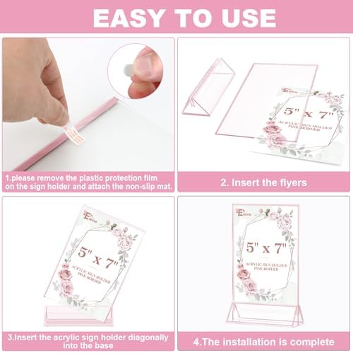 EHWINE 12 Pack Acrylic Sign Holder 5 x 7, Double-Sided Stand up Table Top Sign Holders, Pink Acrylic Picture Frame Menu Flyer Paper Holder Display Stand for Office Business Store Wedding Party - Image 5