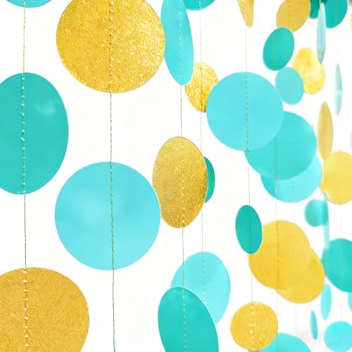Teal Gold Party Polka Dot Garland Banner Aqua Turquoise Glitter Gold Hanging Paper Circle Dots Streamer for Birthday Wedding Shower Engagement Bridal Shower Retirement Party Decorations Supplies - Image 3