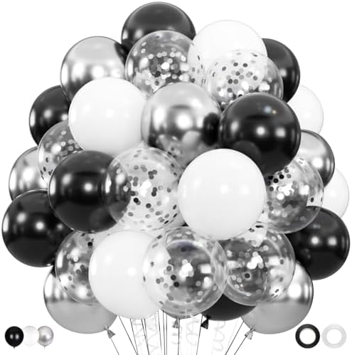 100pcs Black and Silver Balloons, 12inch Black White Silver Confetti Ballons for Birthday, Baby Shower, Graduation, Anniversary Party Decorations by ZizasAry