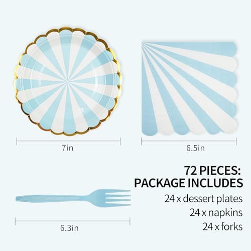 72PCS Blue Paper Plates and Napkins Party Supplies, Gold Foil Edge Scalloped Striped Paper Plates Napkins Disposable Tableware Set for Birthday Wedding Baby Shower Party Decoration (Blue) - Image 2