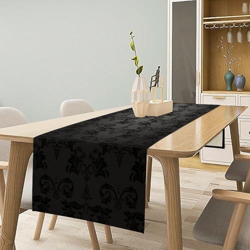 Black Damask Table Runner, Vintage Floral Exotic Gothic Bohemian Antique Victorian Baroque Dinner Runner for Farmhouse Party Holiday Home Kitchen Dining Table Decor 13"x36" - Image 2