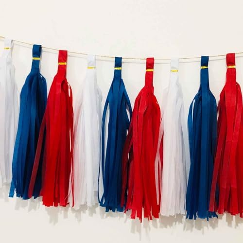 We Moment Blue Red and White Tissue Paper Tassels Party Tassel Garland Banner for Party Decorations, DIY Kits,15PCS - Image 2