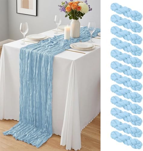 12 Pack Baby Blue Cheesecloth Table Runner 10Ft, Gauze Table Runners 21.5 x 120 inch,Semi Sheer Cheese Cloth Fabric Runner Bulk for Wedding,Party,Baby Shower,Bridal Shower by Yemosa