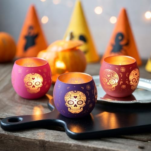 Day of Dead Skull Glass Votive Candle Holders for Indoor Halloween Decor - Image 6