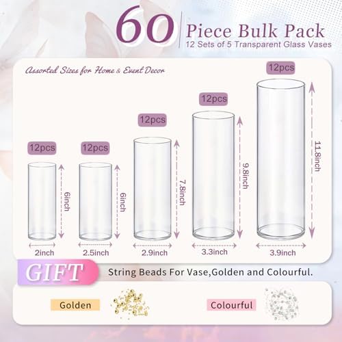 KRNDUMA Glass Cylinder Flower Vases for Centerpieces Glass vase Clear 60Pack-6+6+7.8+9.8+11.8inch - Image 2