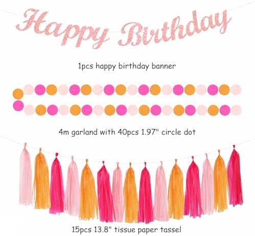 Hot-Pink Orange 21st Happy-Birthday Party-Decorations - 31pcs Sweet 16 18th Women Girls Paper Lanterns Streamers Banner,Tissue Pom Poms Fans Tassels Graland Decor,Fall Boho Backdrop Supplies Hugmoon - Image 3
