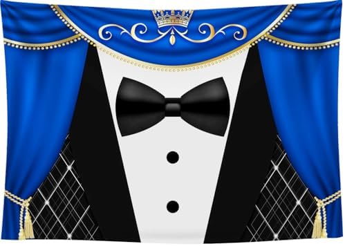Tuxedo Backdrop 10x8FT Blue Curtain Crown Gentleman Birthday Party Background for Photography, Father or Boss Birthday Party Decorations Banner - Image 3